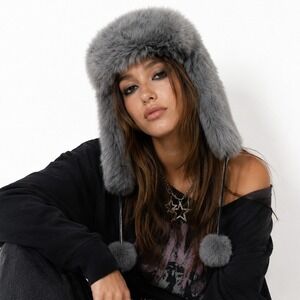 Justice One Size Trapper Hat Grey Faux Fur Pom Pom Aviator Winter Cap 820388